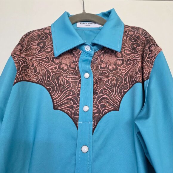 Ranch Dressn Western Rodeo Equestrian Snap Fasten Cowboy Shirt Youth Size L Blue - Picture 2 of 8